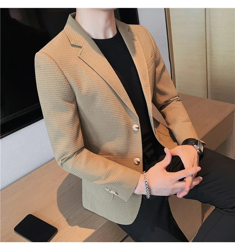Plus Size 4XL-M Autumn New Waffle Suit Jacket Men Two Buttons Slim Fit Business Casual Blazers Homme Formal Groom Prom Tuxedo