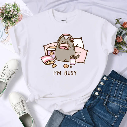 Sorry I'm Busy Cat Playing Games with Headphones T Shirt Female New T-shirts New Street Tops Summer Sleeved Harajuku Streetwear