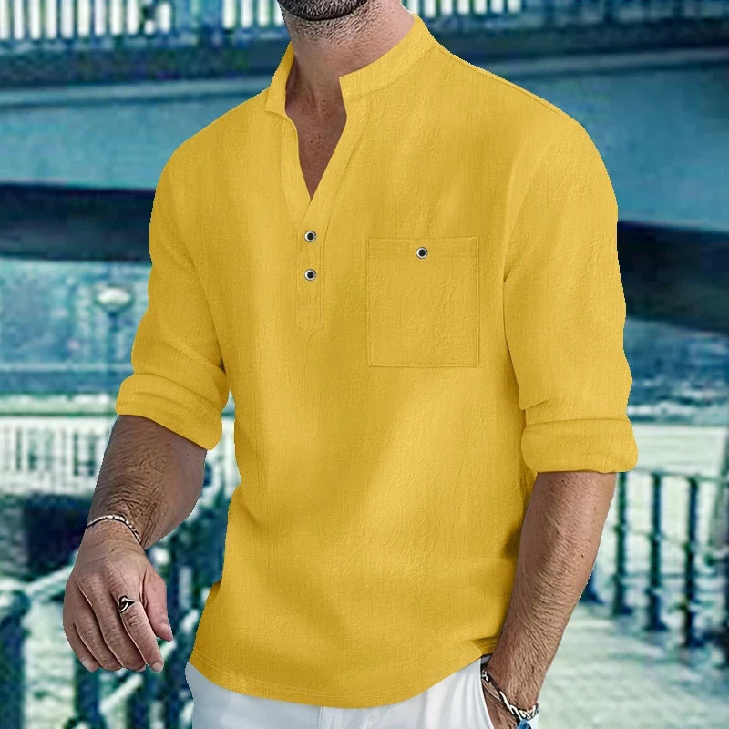 Men Mandarin Collar Long Sleeve Henley Cotton Linen Shirt With Chest Pocket Breathable Lightweight Beach Travel Daily Casual Top
