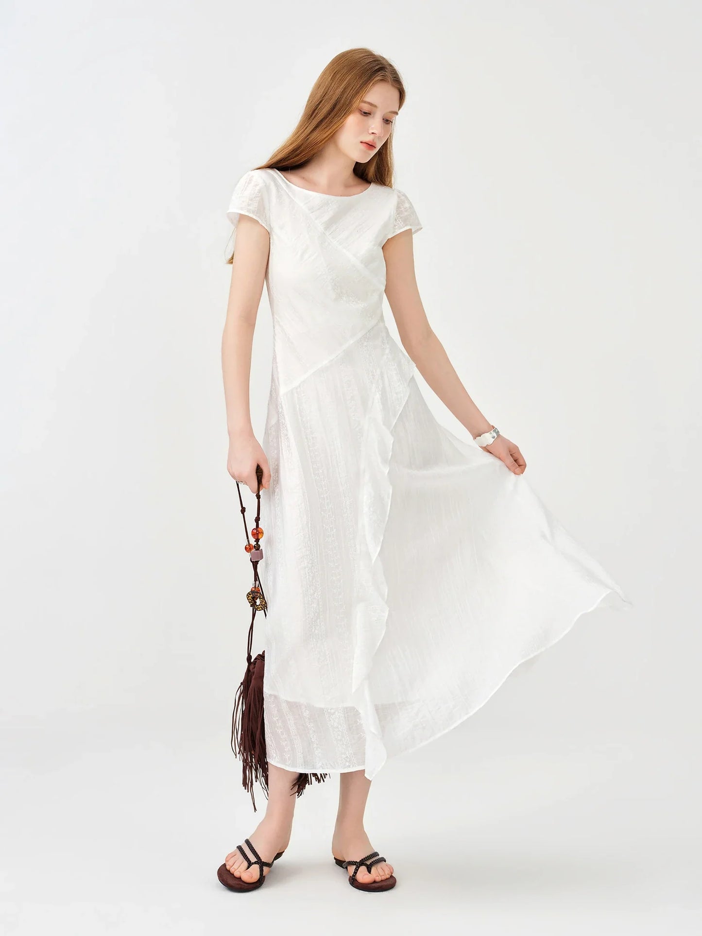 Women 2026 Summer New Arrival Soft Lyocell Dress Ruffled Waist-Cinched Bias Cut Slimming Elegant Commuter style Midi Dress
