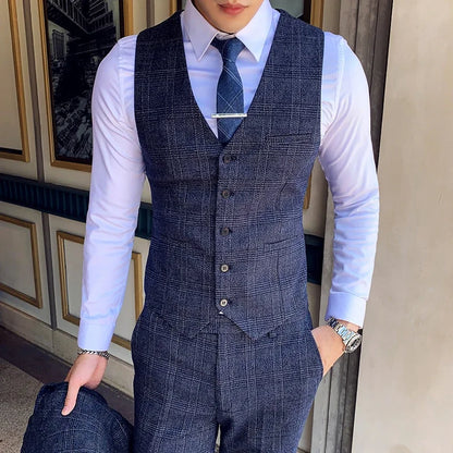 Men's Suit 3 Piece, Business Casual Jacket Vest with Trousers, Gray Dark Brown Slim Fit Suit, Asian Size M-5XL