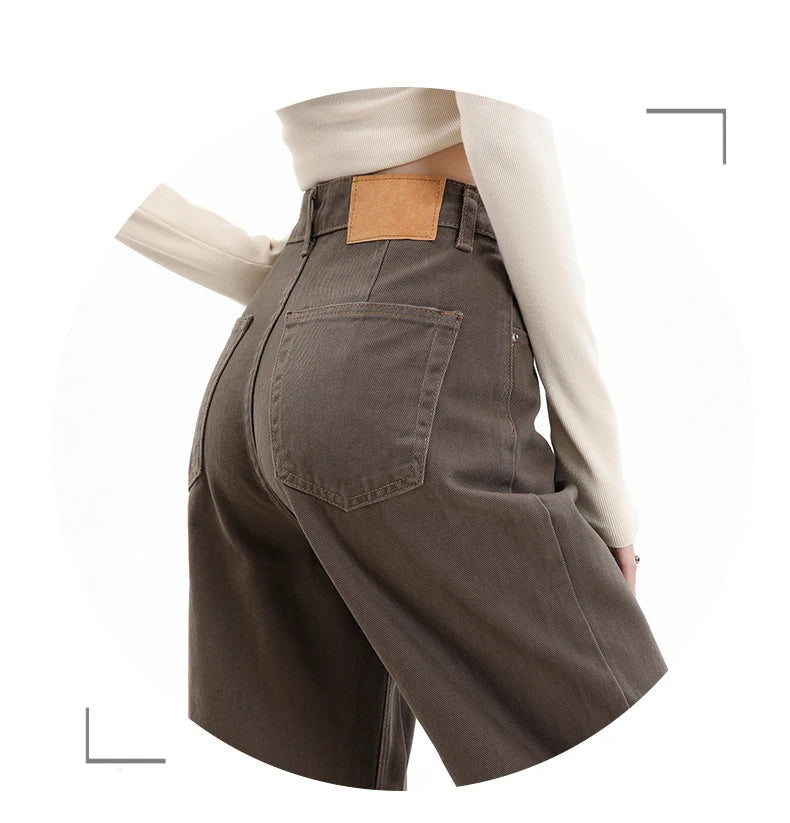 Baggy High Street Fashion Straight brown Jeans for Women's Y2k High Waist Female Clothing Solid Color Casual Wide Denim Trousers