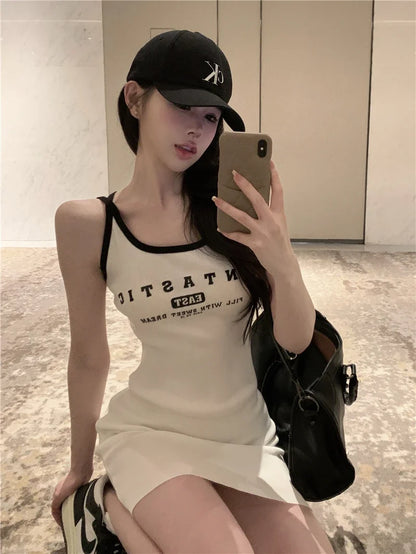 Sexy Spicy Girl Letter Print Knitted ort Dr with Belt Slimming Summer New Arrival Korean Sle A-Line Skirt without Sve