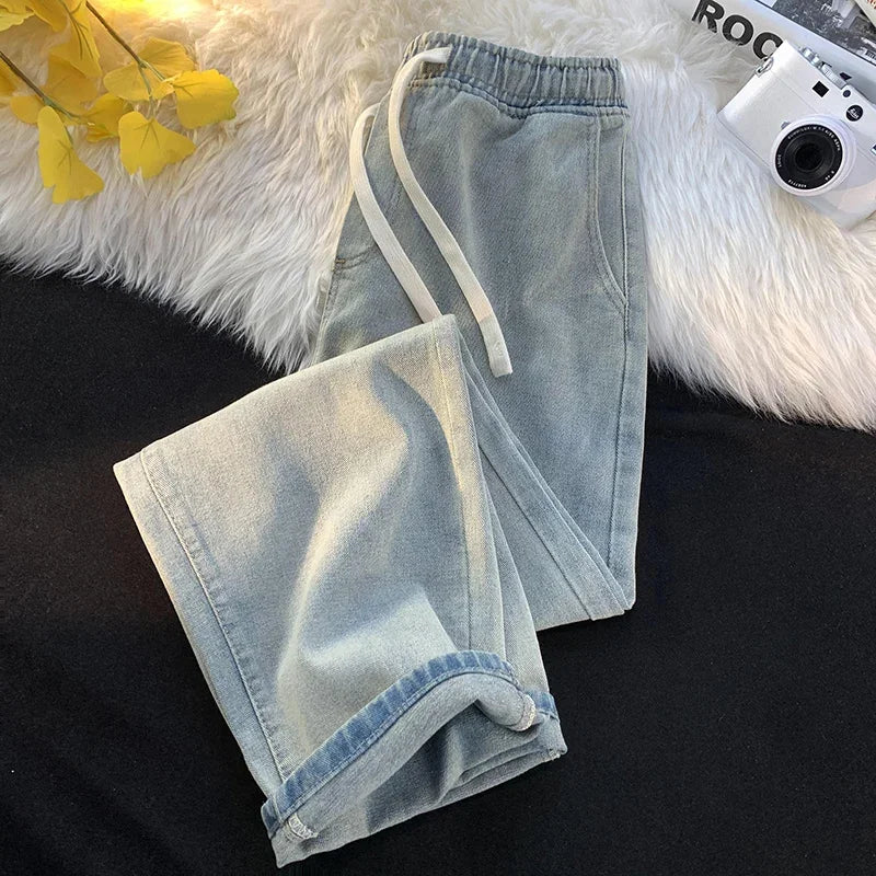 Casual Jeans Men's Baggy Straight Elastic Waist Drawstring Korea Fashion Male Vintage Denim Trousers Streetwear 3XL