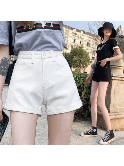 High-Waist Cuffed Denim Shorts Women Summer Korean Style Student Loose Slimming Outerwear A-Line Wide Leg Hot Pants Y2K Shorts