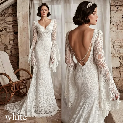 2026 Boho Mermaid Wedding Dresses Long Sleeve Pleat Sexy Lace Illusion Bridal Gown V-Neck Backless Zipper Sweep Train Customized
