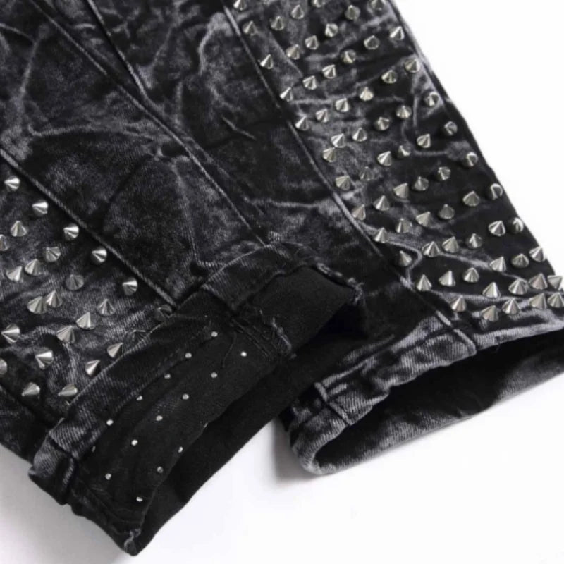 2025 Four Seasons New Retro Punk High Street Trendy Black Washed Outdated Slimming and Outdated Willow Nail Men's Jeans