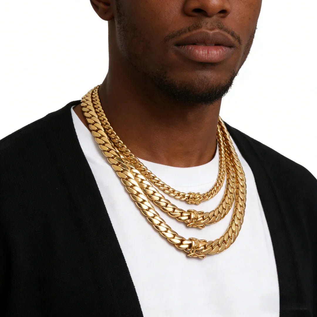 Hip Hop Bling Gold Cuban Link Chain Necklace For Men, Rapper Style Tank Chain Jewelry, Trendy Whip Chain Necklace