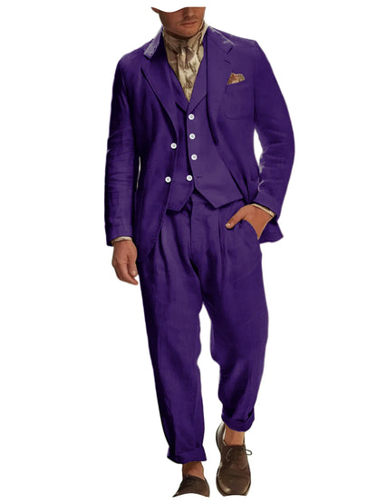 Italian Style Men's Linen 3 Piece Set Notch Lapel 2 buttons Blazer+Vest+Pants Breathable Lightweight Summer Casual Business Suit