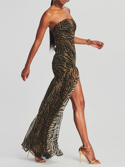 Women Tube Top Dress Slim Strapless Backless Mesh Patchwork Tropical Print High Slit Long Dress for Party Club Night