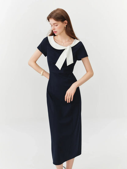 Women Sailor Collar Contrast Bow Belt Midi Dress Waist-Cinching V-Neck French Coquette Chic Elegant Style