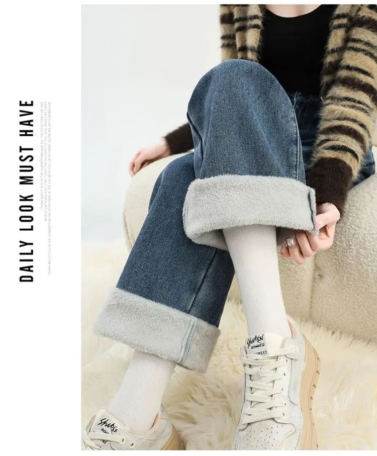 Winter Thick Warm Womens High Waist Jeans Fleece Lined Loose Fit Wide Leg Trousers Korean Style Stretchy Adjustable Waist  Jeans
