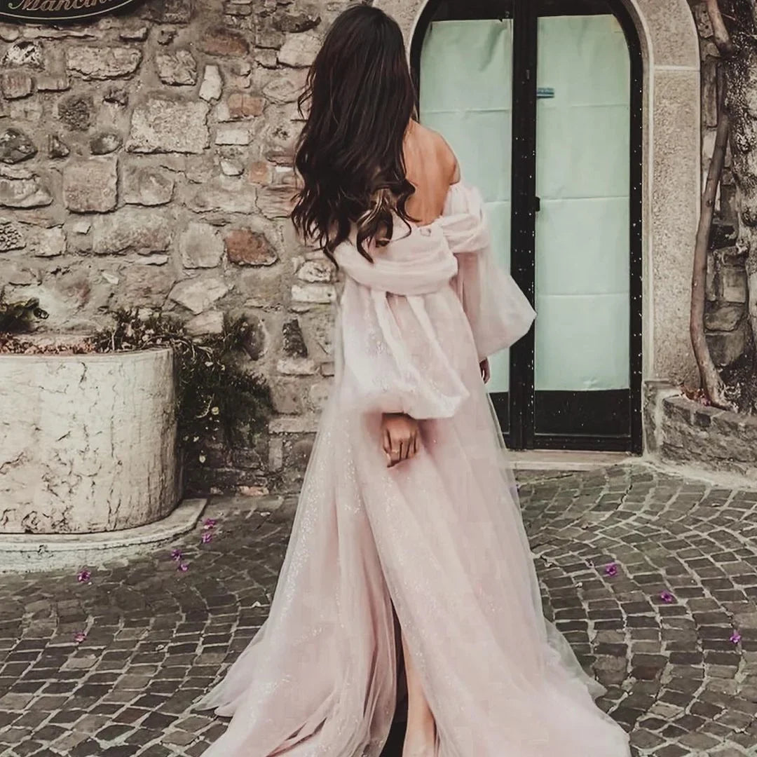 Customized Pink Shiny Tulle Prom Dresses Off Shoulder Long Puff Sleeve Evening Party Gowns Slit Women Wedding Dress