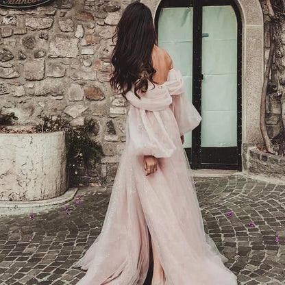Customized Pink Shiny Tulle Prom Dresses Off Shoulder Long Puff Sleeve Evening Party Gowns Slit Women Wedding Dress