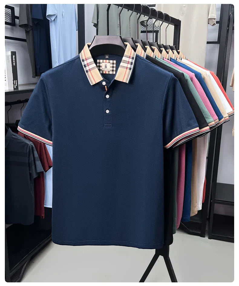 Fashion brand luxury short sleeve polo shirt men summer quality silky cotton breathable business casual striped collar T-shirt