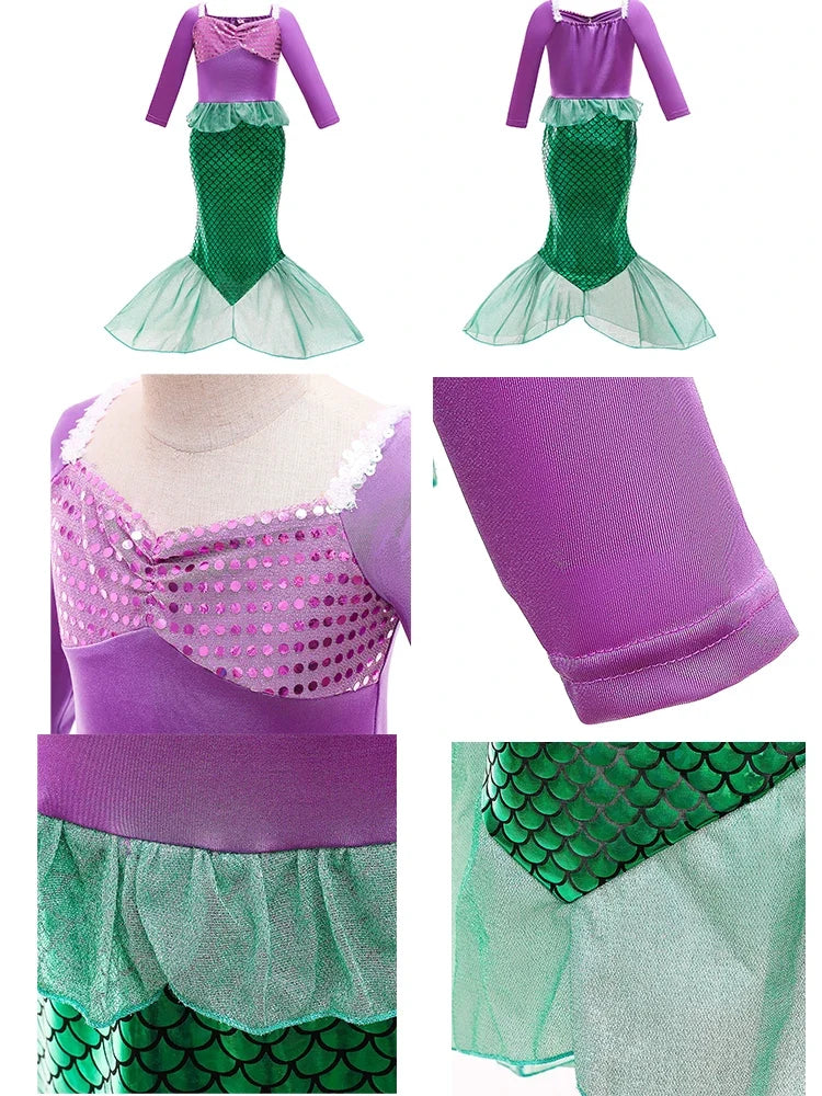Little Girls Summer Clothing Children Ariel Mermaid Cosplay Blue Green Pink Sunshine Beach Enjoy Vacation Princess Ruffles Dress
