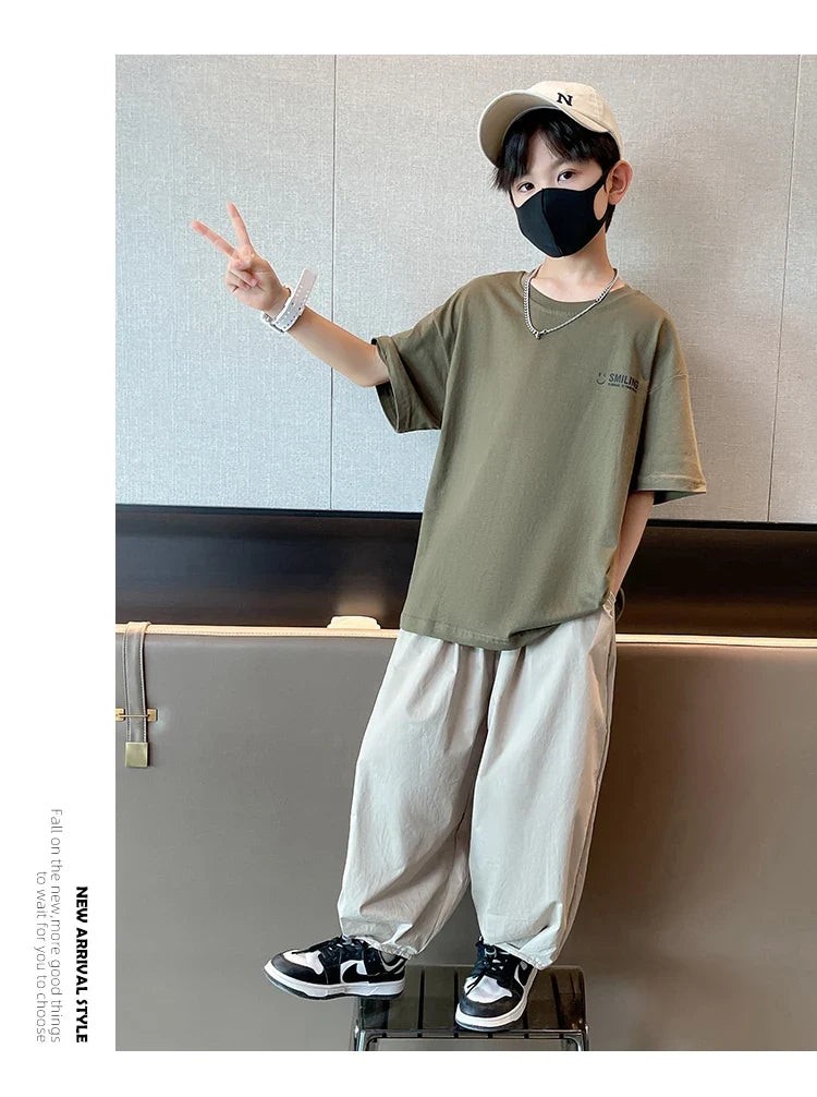 Teens Children's Summer Sets for Boys Clothing Cotton Set 2025 New Fashion Kids Loose Handsome T-shirt+ Lantern Pants Set Outfit