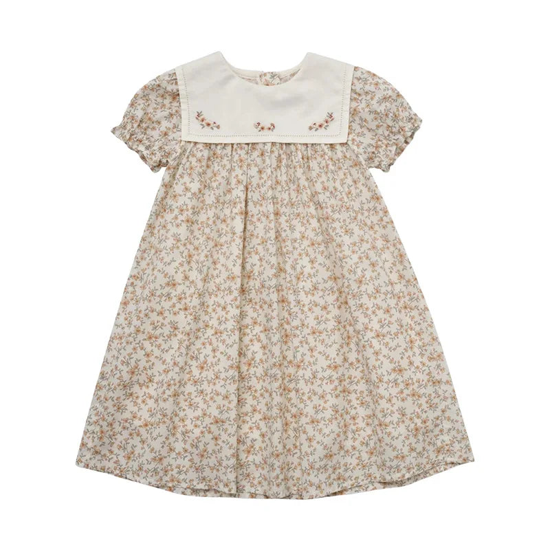 Summer LOU Girls' Printed Cotton Dress Short-Sleeved Handmade Embroidered Wide-Necked Children's Holiday Dress