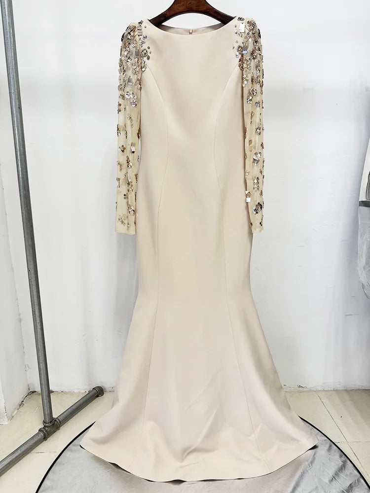 HIGH STREET Newest Fashion 2026 Designer Party Vestido Women's Spliced Mesh Diamonds Beaded Long Sleeved Maxi Long Dress