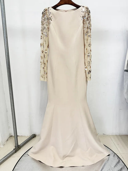 HIGH STREET Newest Fashion 2026 Designer Party Vestido Women's Spliced Mesh Diamonds Beaded Long Sleeved Maxi Long Dress