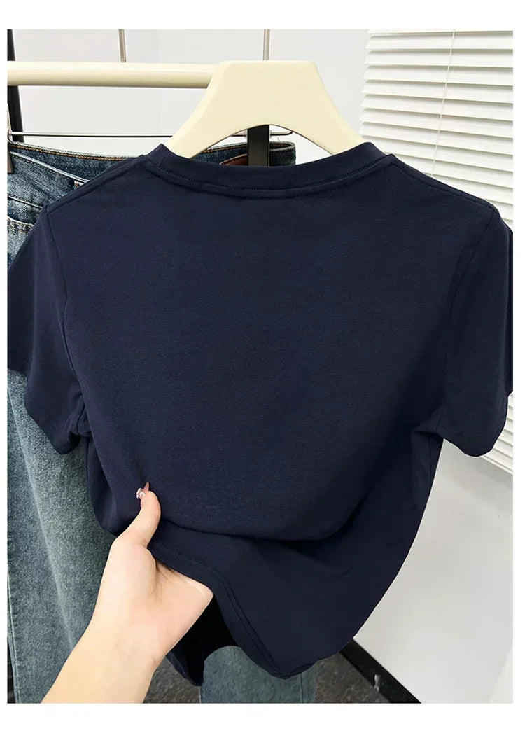 2026 Summer New High Quality Casual Plus Size T Shirt Sexy Short Sleeved Sleeves Fashion Trend Solid Women Clothing Y2k Tops