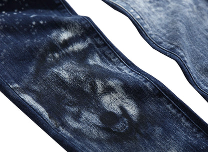 2026 Men's Blue 3D Printing Jeans, Black Wolf Pattern Printed Punk Straight Cotton Casual Print Denim Pants Asian Size 28-42
