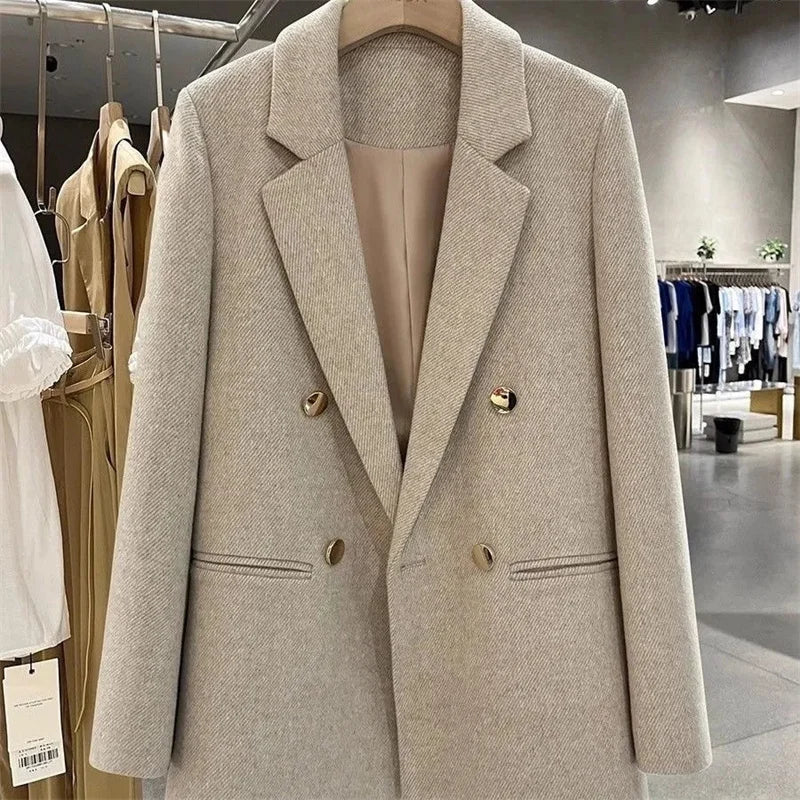 Fashion Woolen Suit Jacket Women's Vintage Blazers Double-breasted Office Coat Female Casual Outerwear Spring Autumn Streetwear