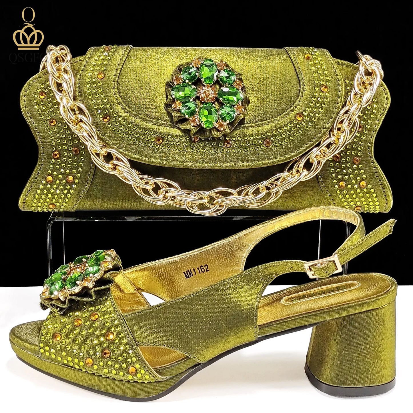 Open Toe Women Heels for 2024 Elegant Party Olive Color Diamond Pumps Italian Shoes and Bags Matching Set