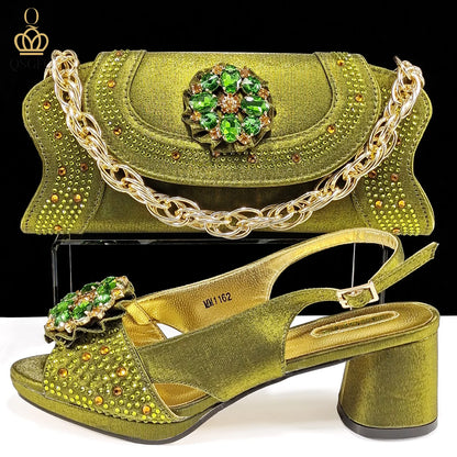 Open Toe Women Heels for 2024 Elegant Party Olive Color Diamond Pumps Italian Shoes and Bags Matching Set
