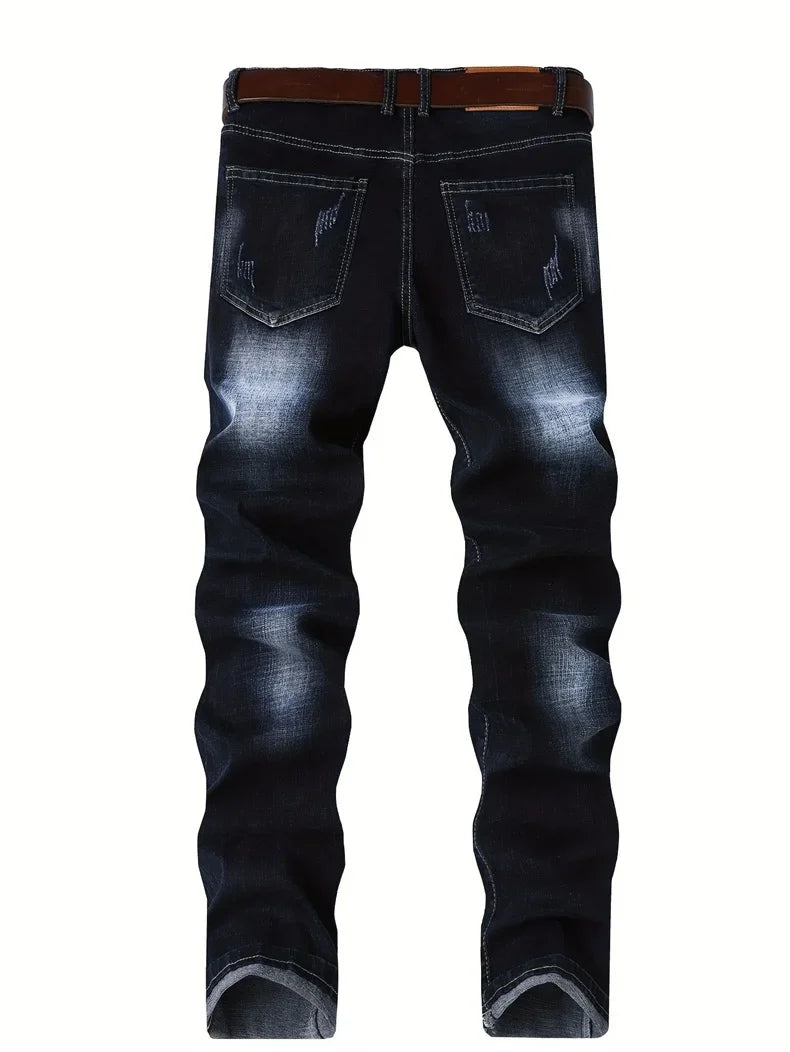 Motorcycle Trendy Straight Men's Jeans Elastic Washed Fashion Streetwear Denim Pants Embroidery Hip-Hop Trousers (Without Belt)