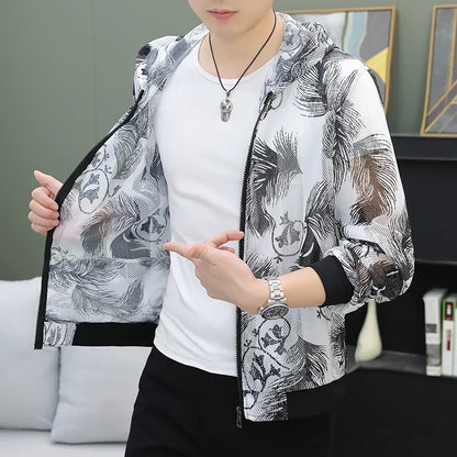 Men's Summer Mesh Sun Protection Clothing Trendy Stripe Print Ice Silk Cool Feeling Breathable Quick Dry Hooded Jacket