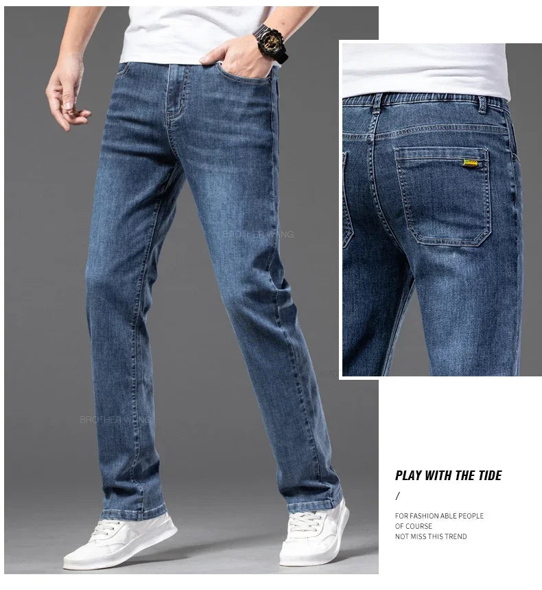 Spring Summer Thin Men's Classic Jeans Elastic Loose Straight Cotton Casual Denim Trousers Brand Clothing Business Male Pants
