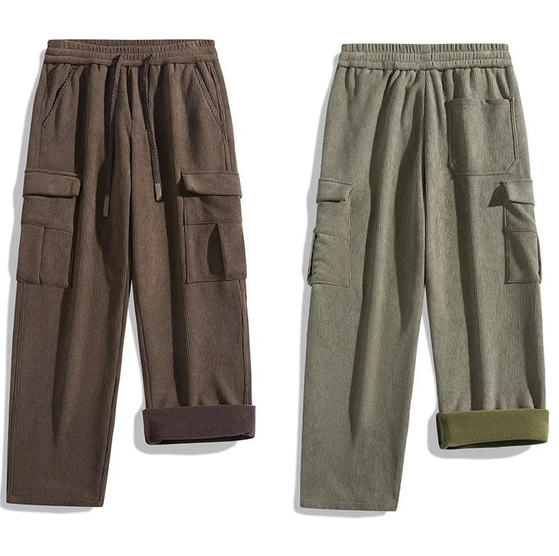 2026 New in Winter Corduroy Pants Men Straight Wide Leg Cargo Trouser Male Elastic Waist Loose Fit Thick Brown Warm Fleece Plush