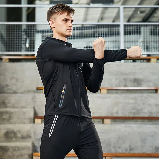 Running Jacket Hooded Jogging Tight Sportswear Quick Dry Men Reflective Training Set Gym Clothes Fitness Compression Sport Suit