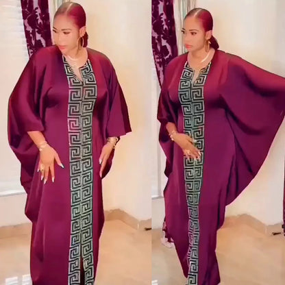 Fashion African Woman Large Size Bat Sleeve Dress Muslim Islamic Style Robe Imitation Silk Hot Fix Rhinestone