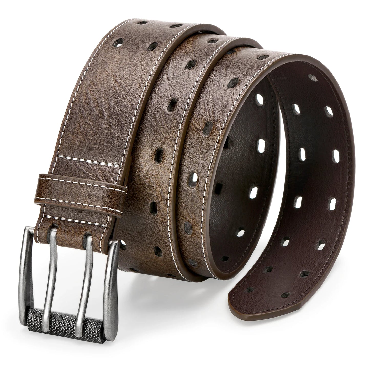 Men Classic Double Prong Belt Fashion Casual Heavy Duty Work Faux Leather Belts For Jeans Pants