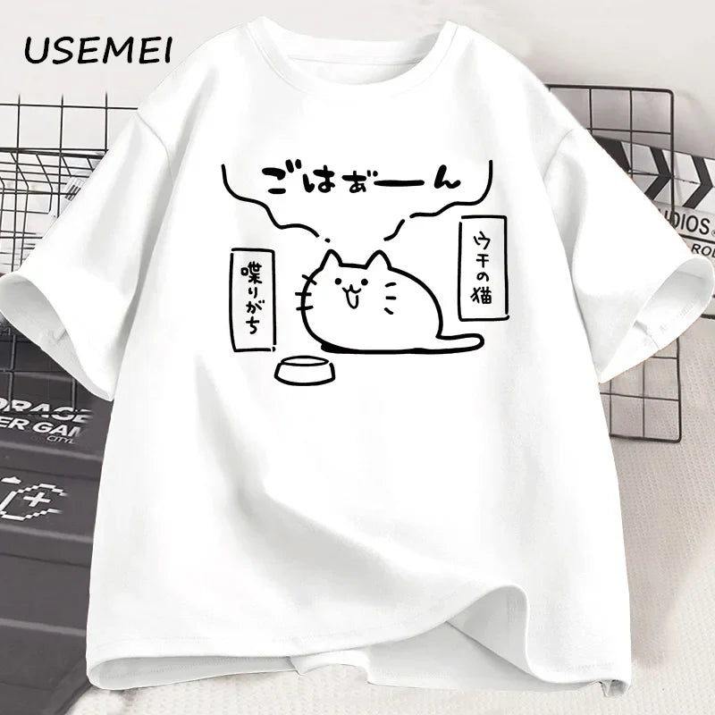 Japanese Style Cat Printed T Shirts for Men Women Cotton Short Sleeve Tshirt Causal Trendy Loose Oversized T-shirt Mens Clothes