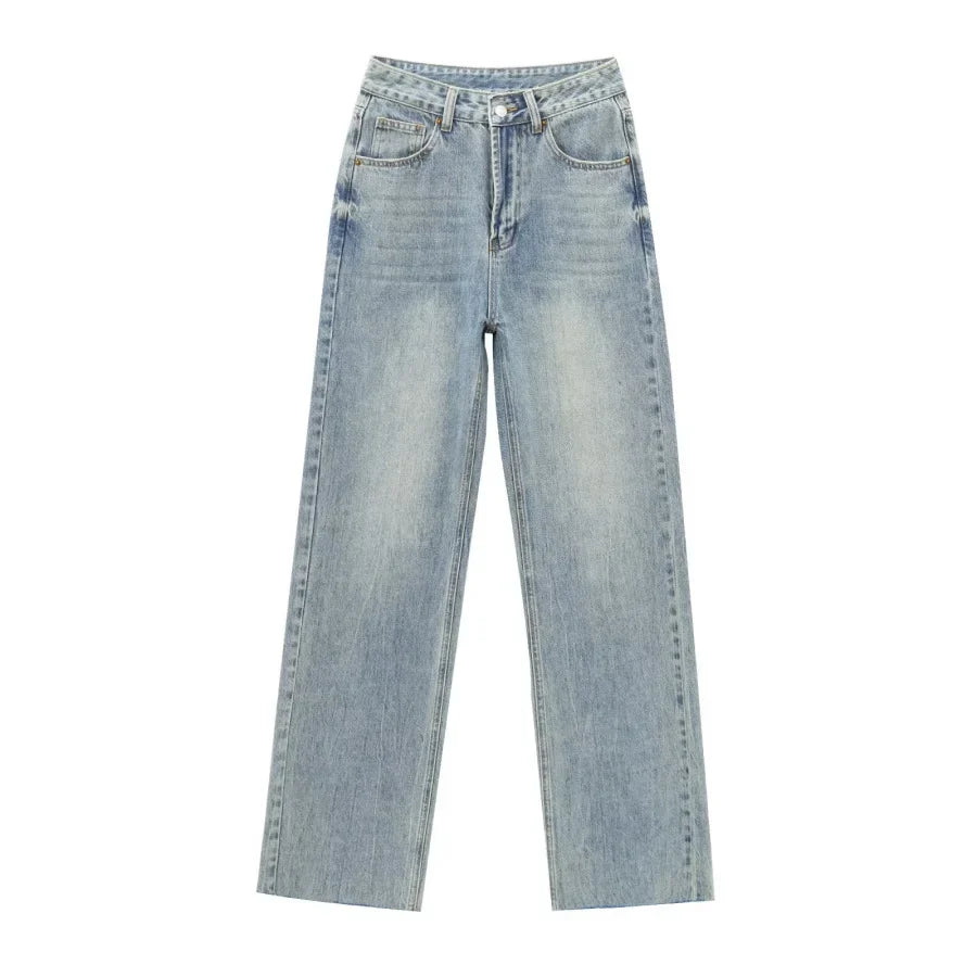 Wide-leg high-waisted jeans  women's classic everything with five pockets washed soft comfortable ultra-long jeans6045022
