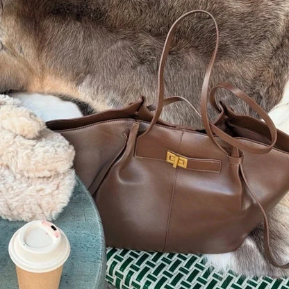 2026 New Large Capacity Trapeze Women Shoulder Bags Designer Metal Lock Handbags High-Quality Pu Leather Big Tote Commute Bag