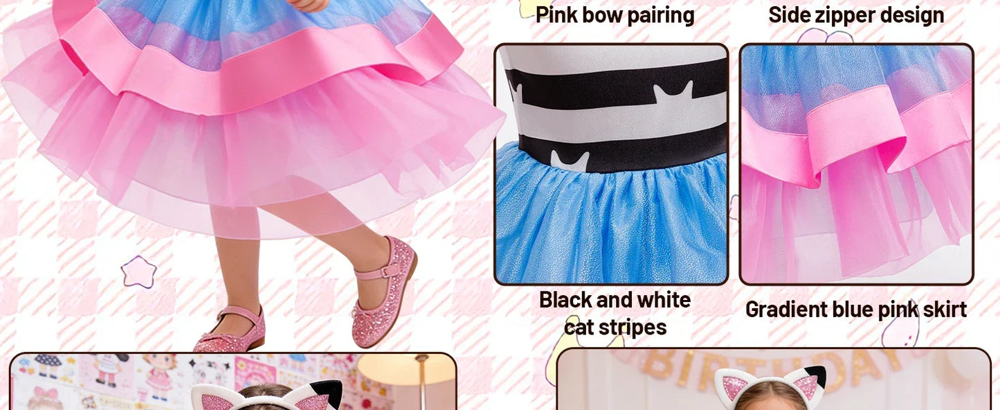 2026 Summer New Kids Girls Puffy Princess Dress Cat Striped Tutu Dress Children Birthday Party Cosplay Costume