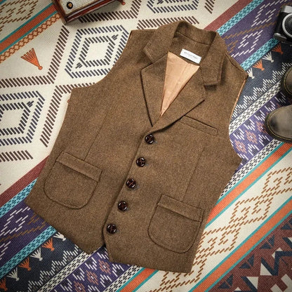 Men Vest Royal Blue Steampunk Formal Male Ethnic Herringbone Wool Tweed Vintage For Wedding Business Banquet Waistcoat