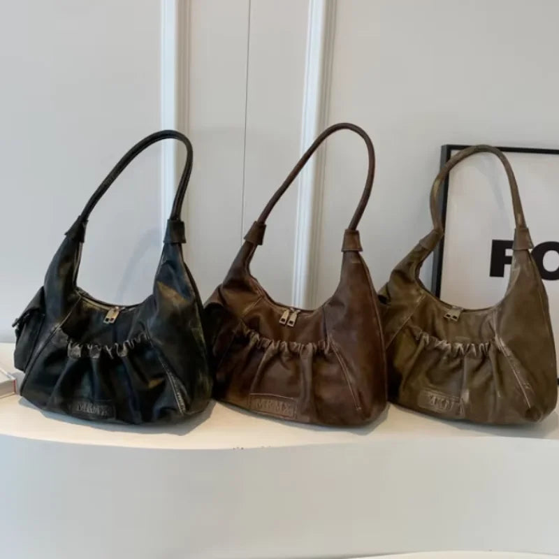 Distressed Vintage Shoulder Bags Women Pleated Y2K Design Large Capacity Retro Hobo Bag 2025 New Designer Handbags Luxury