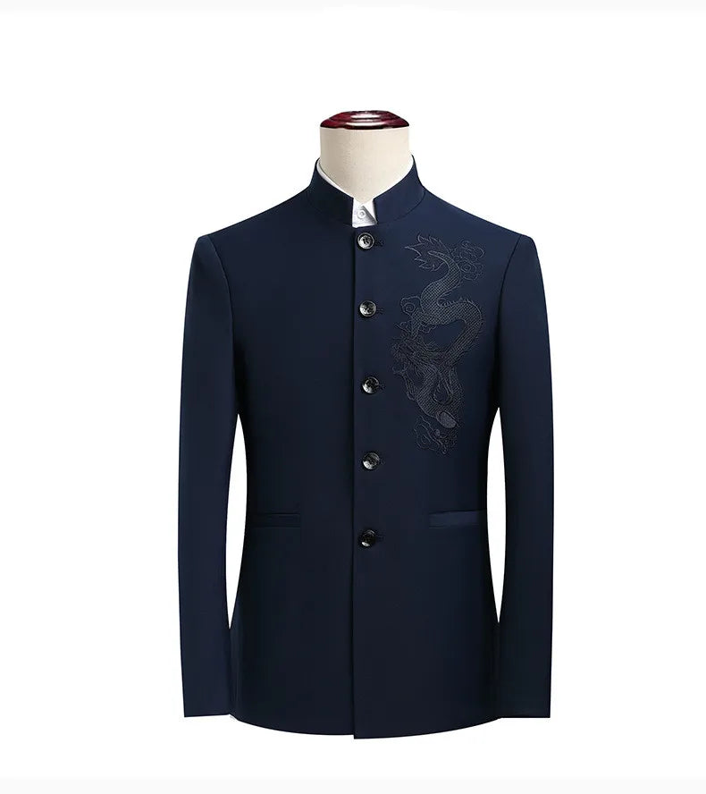 2026 New Men's Stand Collar Long Sleeve Suit Jacket, Asian Size Chinese-Style Slim-Fit Blazer in Dark Blue/Red/Grey/Black/White