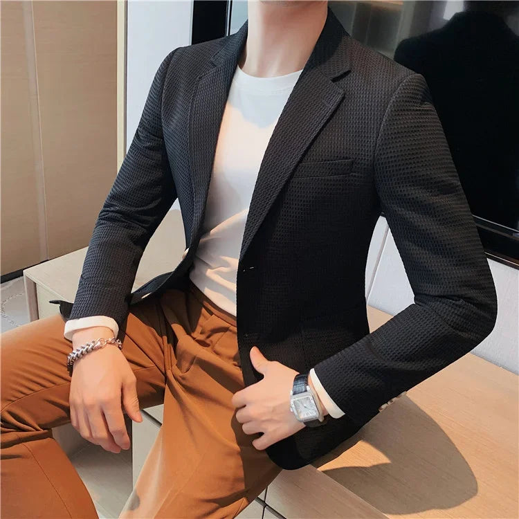 Plus Size 4XL-M Autumn New Waffle Suit Jacket Men Two Buttons Slim Fit Business Casual Blazers Homme Formal Groom Prom Tuxedo