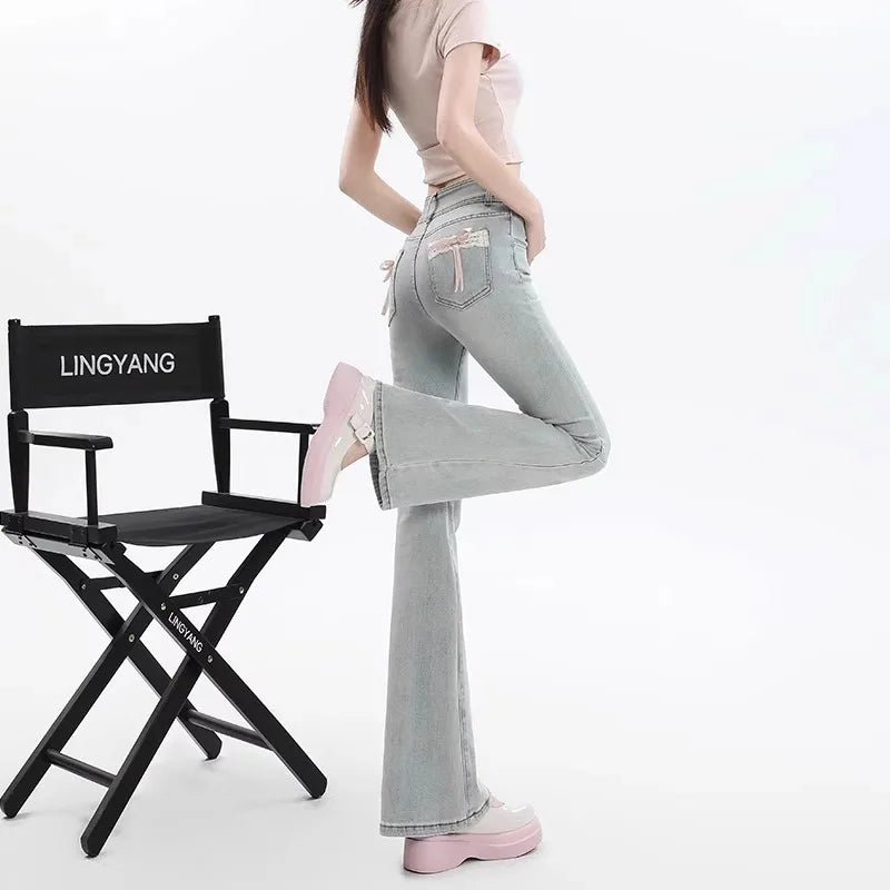 High Waist Bell Bot Denim Jeans Women's Light Color Peach Butt Design Slimming Fitted Floor Length  Hoof Pants
