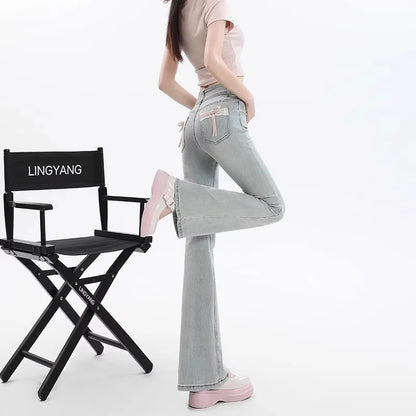 High Waist Bell Bot Denim Jeans Women's Light Color Peach Butt Design Slimming Fitted Floor Length  Hoof Pants