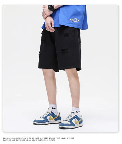 Summer New White Casual Men's Denim Shorts Ripped Fashion Loose Straight Street Bermuda Jeans Male Hole Short Pants