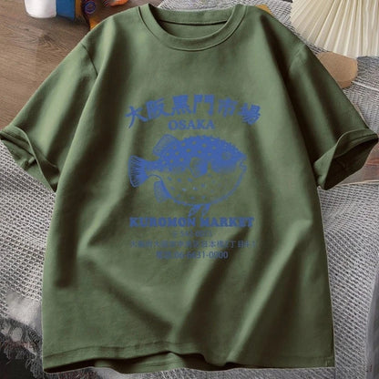 Japanese Fish Market T Shirt Osaka Kuromon Puffer Fish Tee Retro Seafood Tee 90s Ocean Fish Lover T-shirt Harajuku Streetwear