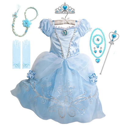 Disney Cinderella Cosplay Costume Kids Clothes for Girls Sequins Princess Dress with Floral Bow Birthday Party Ball Gown