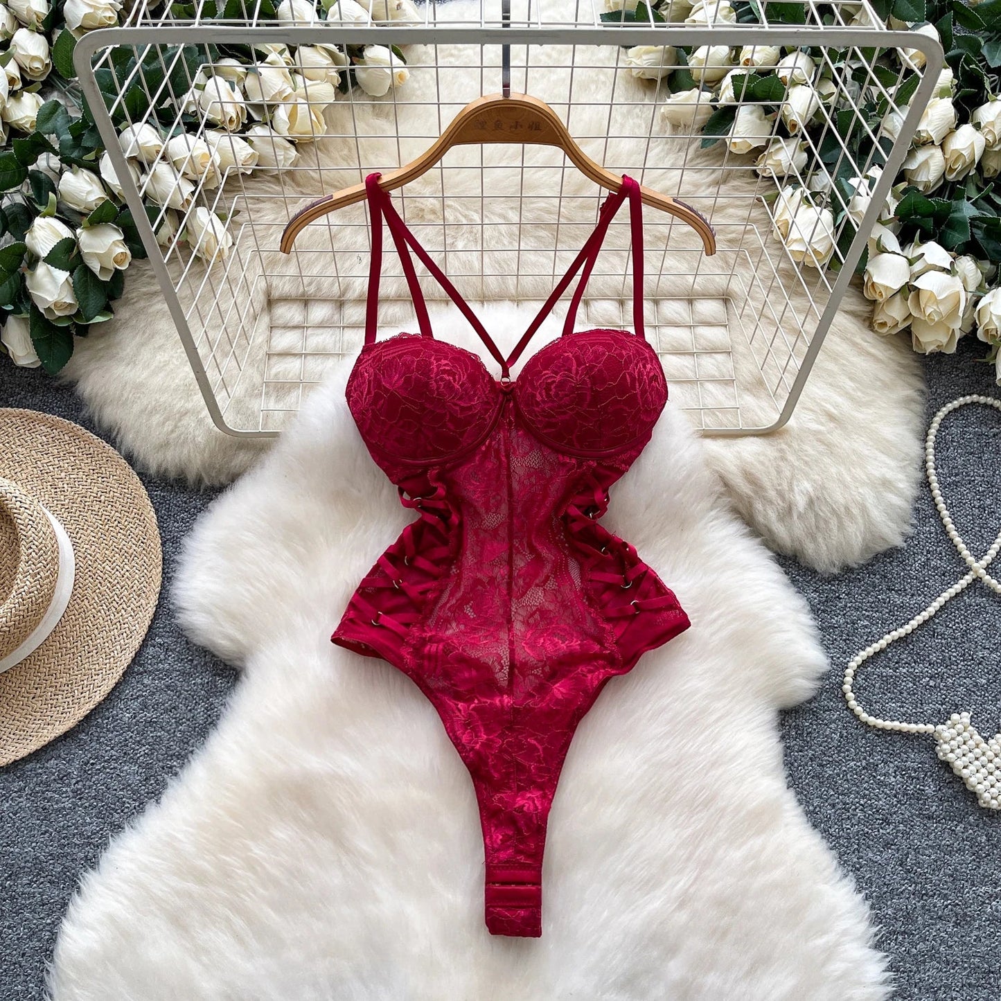 Sexy Lace Push Up Bodysuit See Through Mesh Patchwork Sleeveless Slim Thin One Pieces Elegant Women's Strappy Lingerie